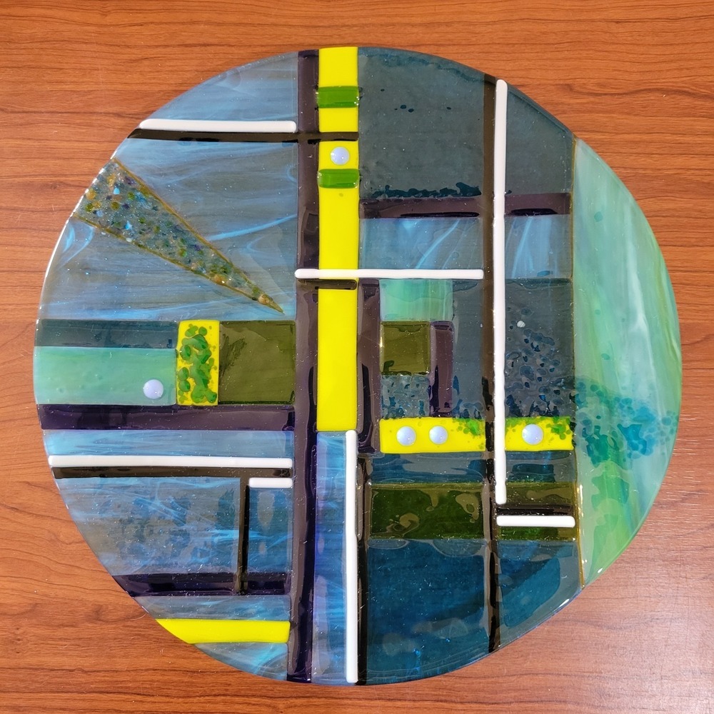 Fused Glass Art Plate Blue Round 12" Coastal, Geometric, Abstract